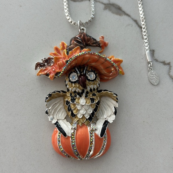 Kirks Folly Whimsical Witchy Owl On Pumpkin Silver Tone Adjustable Necklace - Picture 6 of 14